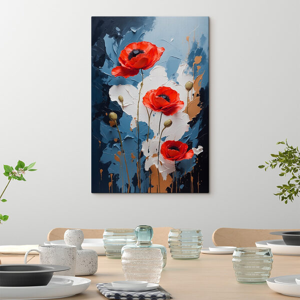 Schilderij van bloemen op een blauwe en witte achtergrond Schilderij van bloemen op een blauwe en witte achtergrond