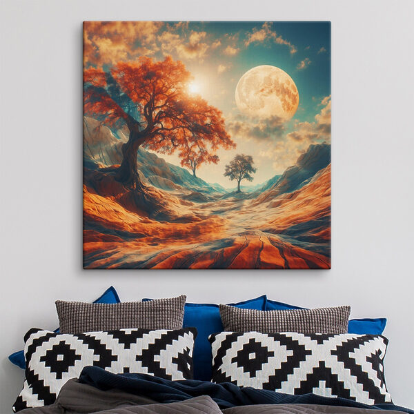 Landschap met bomen en bergen en een maan Landschap met bomen en bergen en een maan