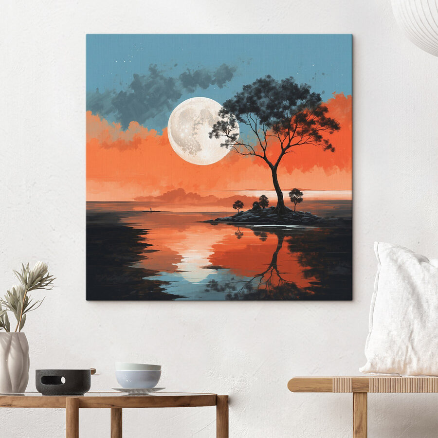 Boom op een eiland midden in het water met een volle maan op de achtergrond