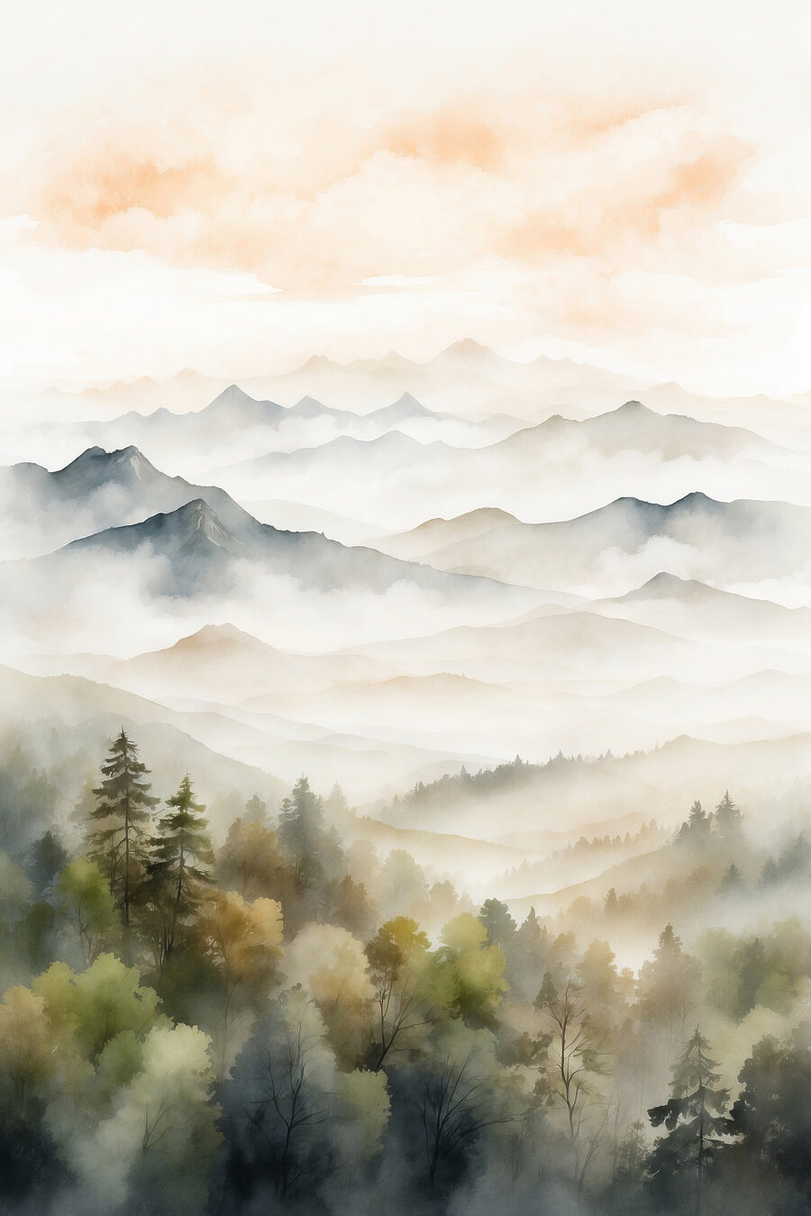 Aquarel van bergen en bomen