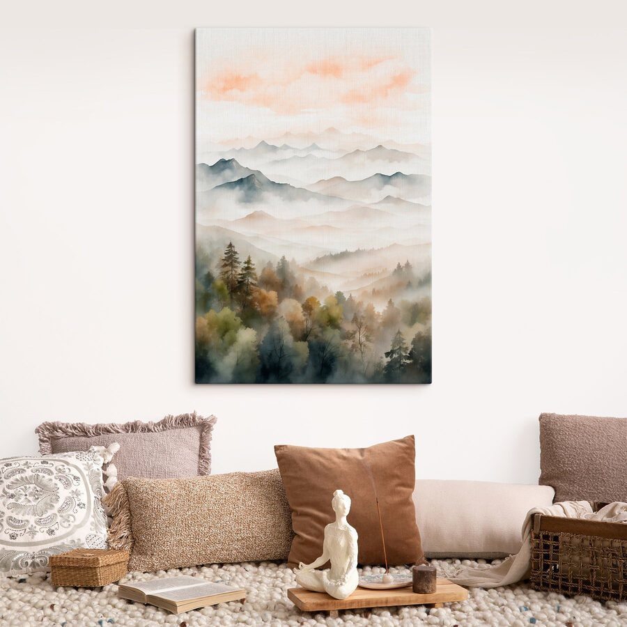 Aquarel van bergen en bomen