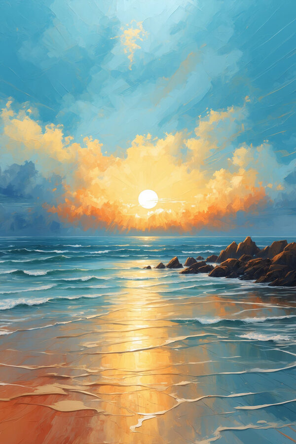 Schilderij van een strand met rotsen en water en de zon Schilderij van een strand met rotsen en water en de zon