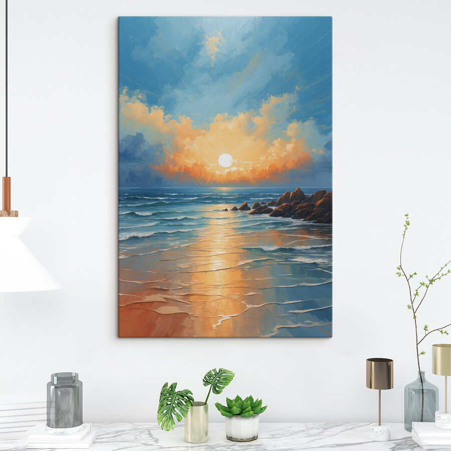 Schilderij van een strand met rotsen en water en de zon Schilderij van een strand met rotsen en water en de zon
