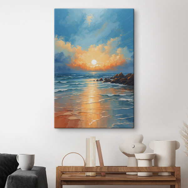 Schilderij van een strand met rotsen en water en de zon Schilderij van een strand met rotsen en water en de zon