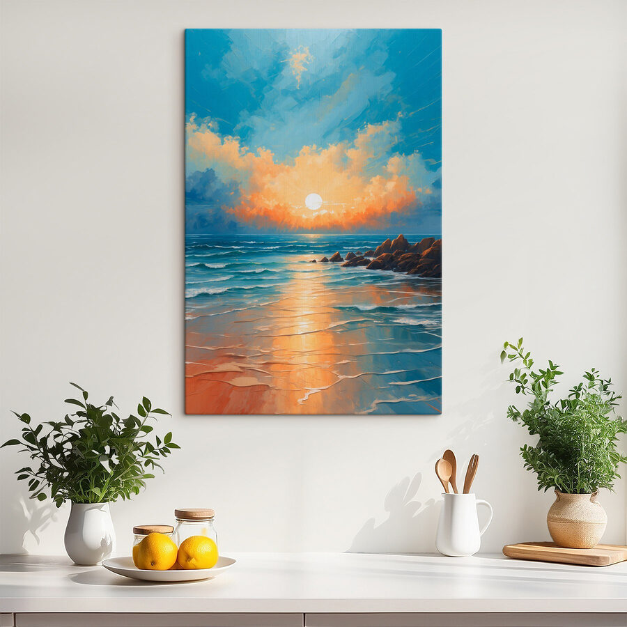Schilderij van een strand met rotsen en water en de zon Schilderij van een strand met rotsen en water en de zon