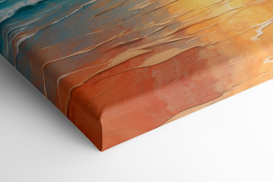 Schilderij van een strand met rotsen en water en de zon Schilderij van een strand met rotsen en water en de zon