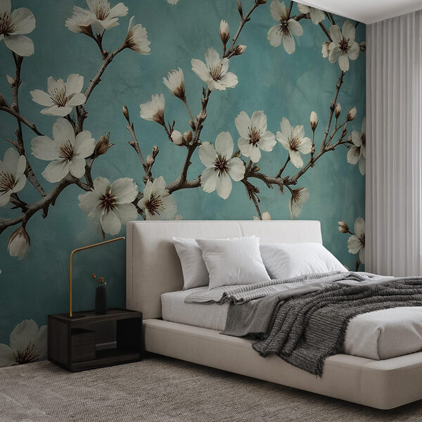Dansende bloesems tegen een blauwe achtergrond Fotobehang Dansende bloesems tegen een blauwe achtergrond