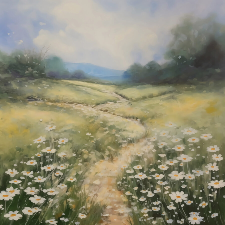 Schilderij van een pad door een bloemenveld