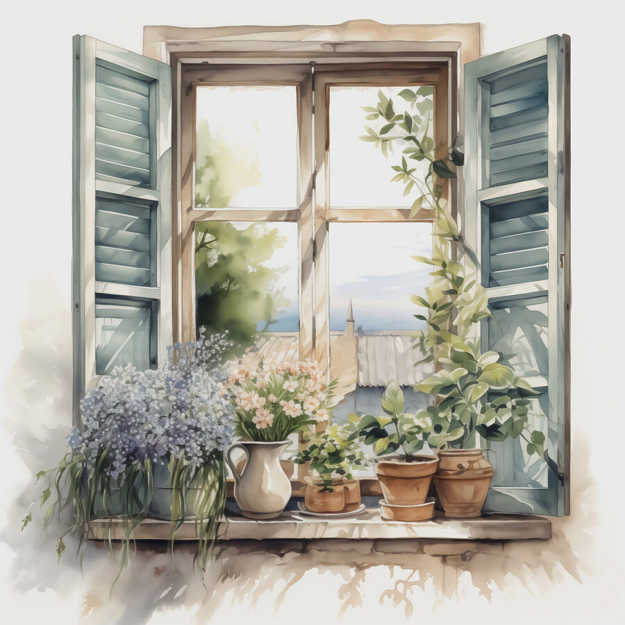 Aquarel van een raam met potplanten Aquarel van een raam met potplanten