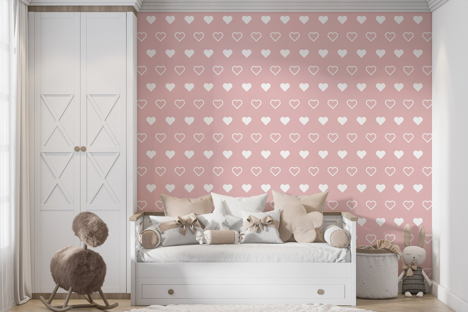 Pattern of white hearts on a pink background
