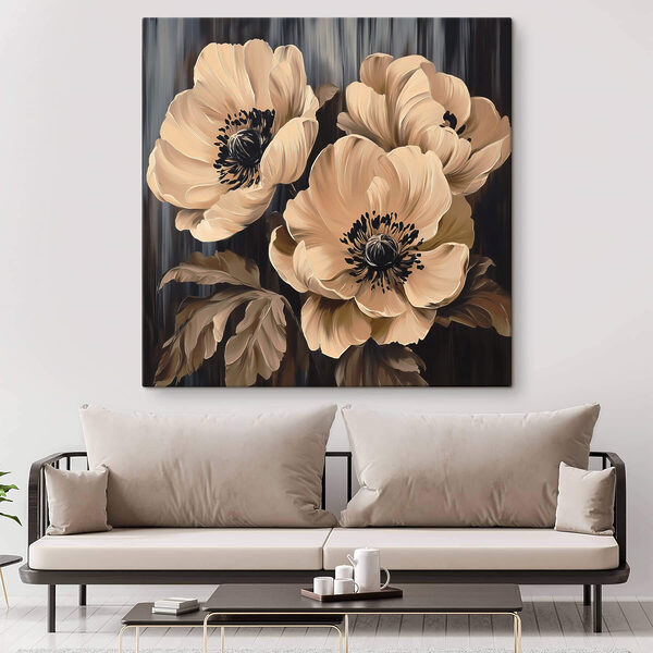 Schilderij van bloemen op zwarte achtergrond Schilderij van bloemen op zwarte achtergrond