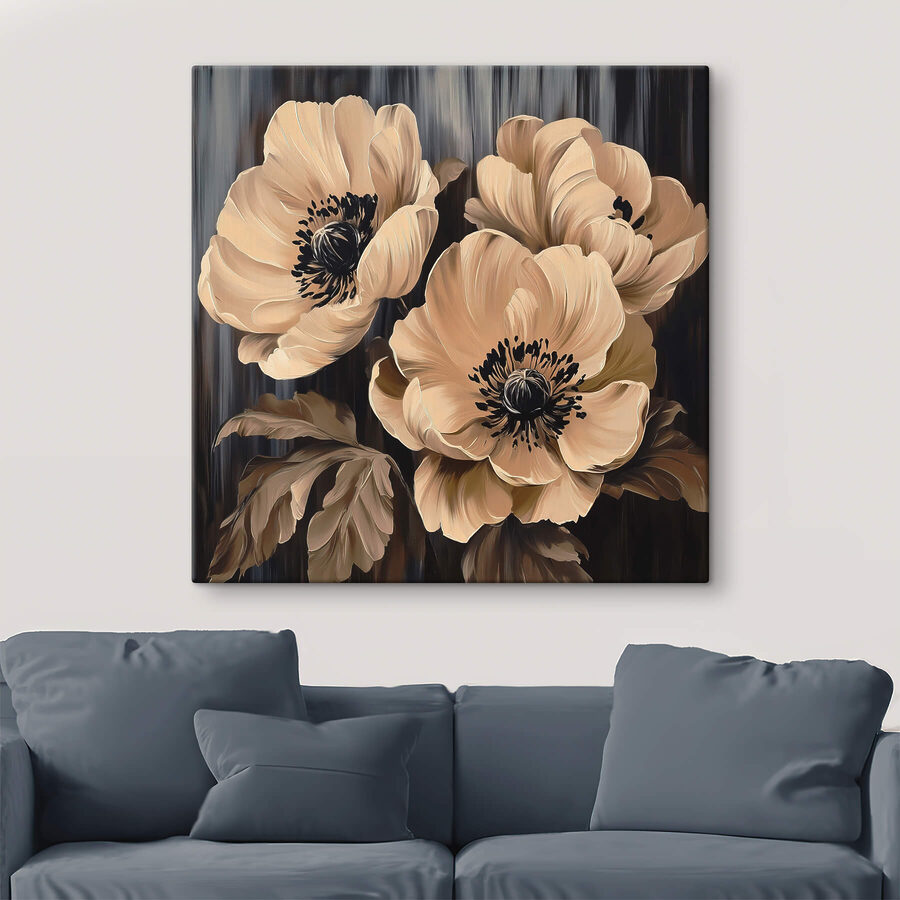 Schilderij van bloemen op zwarte achtergrond Schilderij van bloemen op zwarte achtergrond