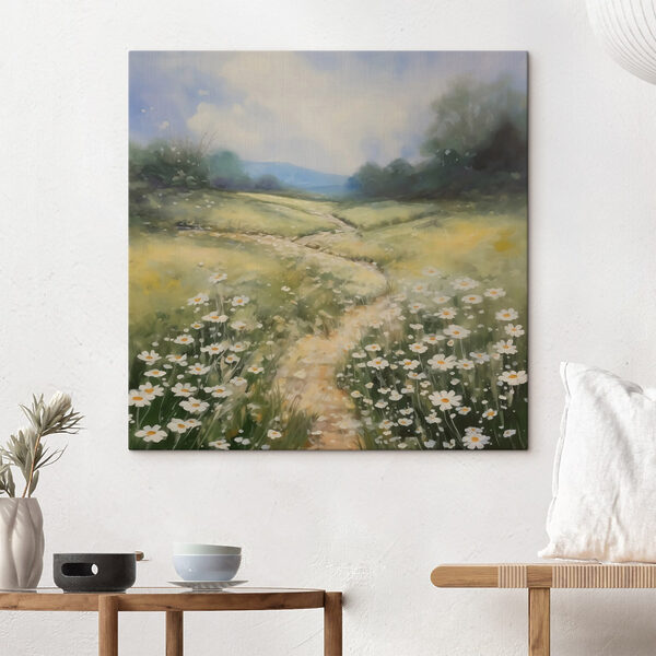 Schilderij van een pad door een bloemenveld Schilderij van een pad door een bloemenveld