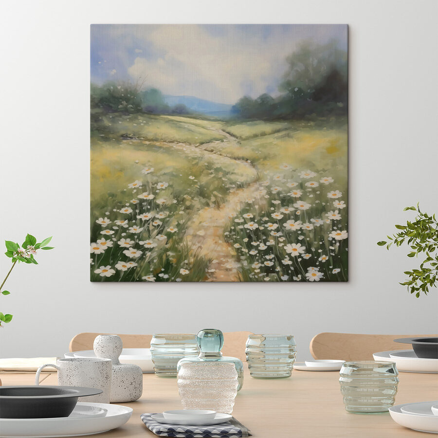 Schilderij van een pad door een bloemenveld