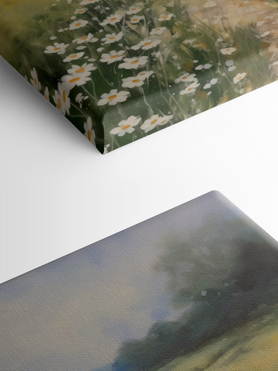 Schilderij van een pad door een bloemenveld