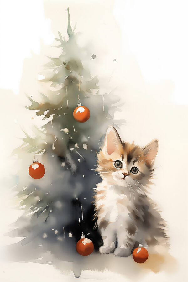 Kat naast een kerstboom Kat naast een kerstboom