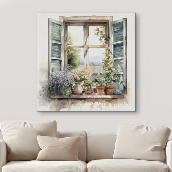 Aquarel van een raam met potplanten Aquarel van een raam met potplanten