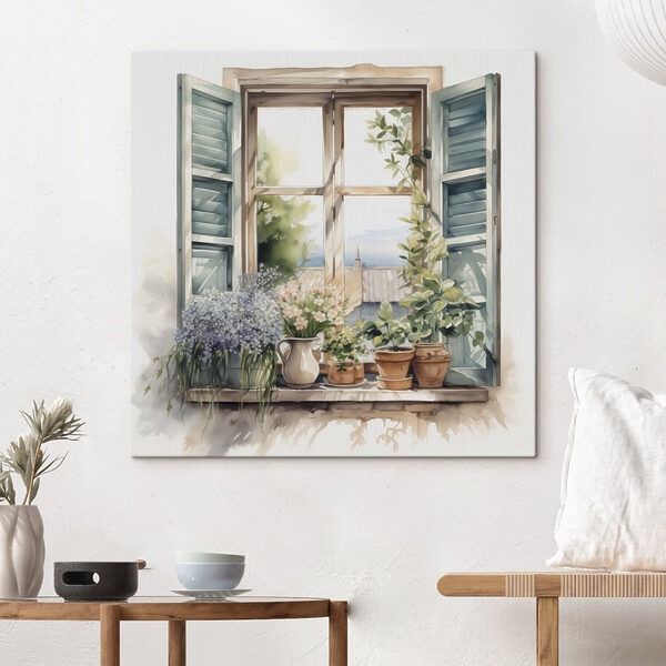 Aquarel van een raam met potplanten Aquarel van een raam met potplanten