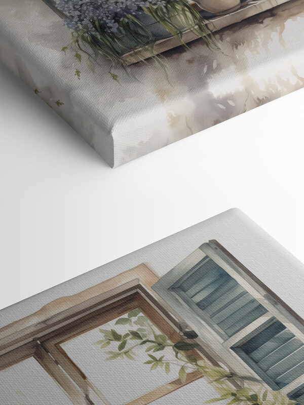 Aquarel van een raam met potplanten Aquarel van een raam met potplanten