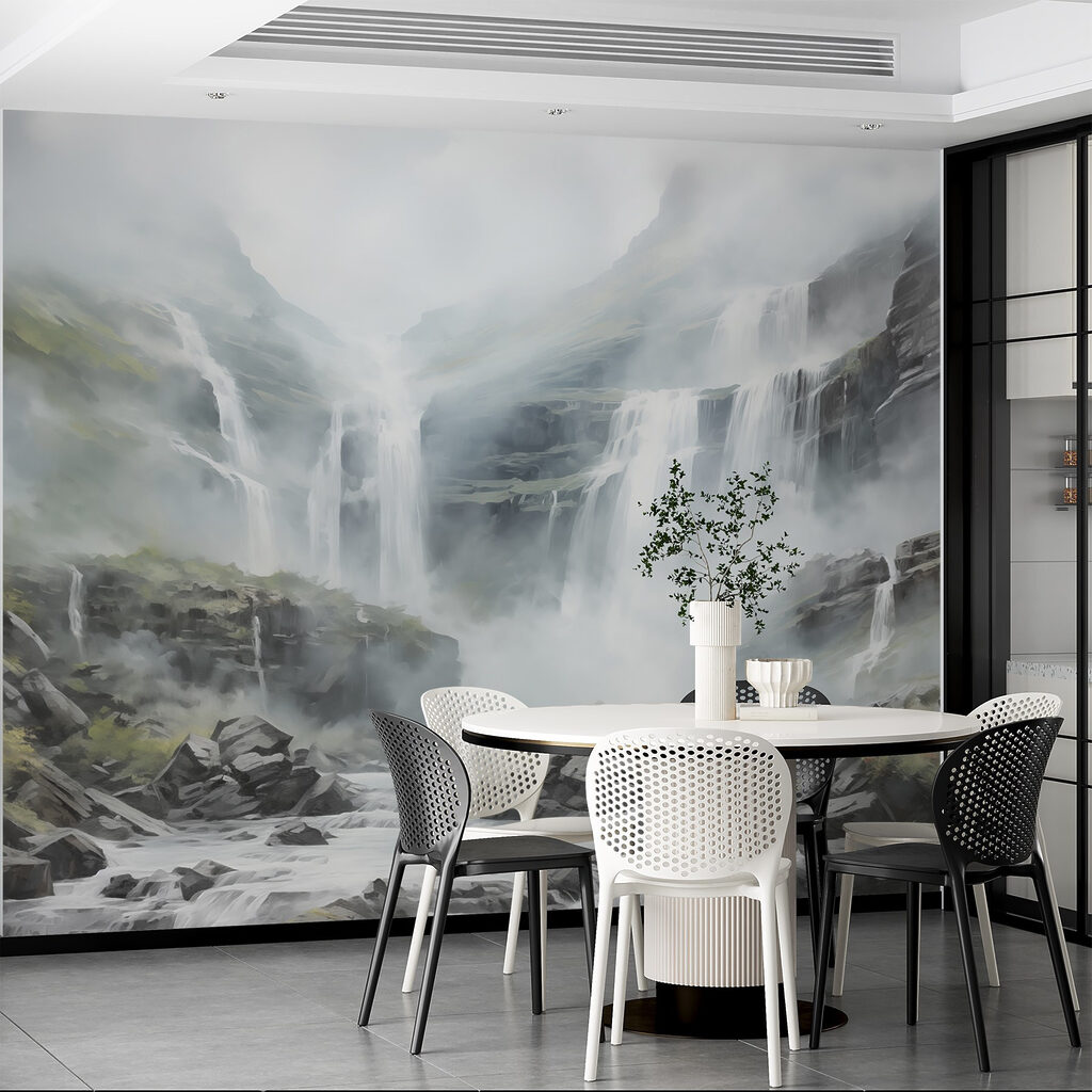 Waterfall in foggy mountains Waterfall in foggy mountains