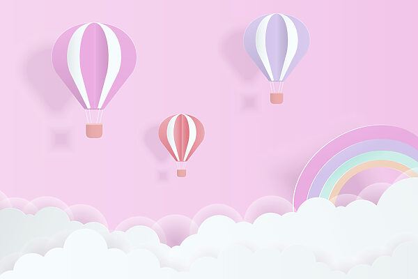 Roze achtergrond met ballonnen en een regenboog Roze achtergrond met ballonnen en een regenboog