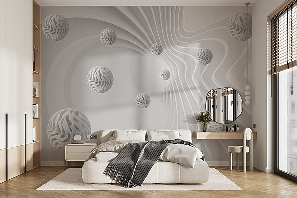 Wit wervelend oppervlak met witte bolletjes Fotobehang Wit wervelend oppervlak met witte bolletjes
