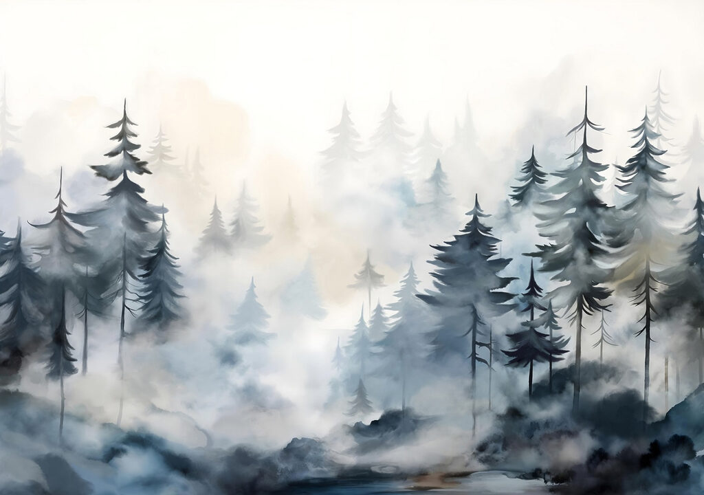 Schilderij van bomen en mist Schilderij van bomen en mist