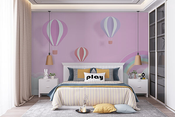 Roze achtergrond met ballonnen en een regenboog Roze achtergrond met ballonnen en een regenboog