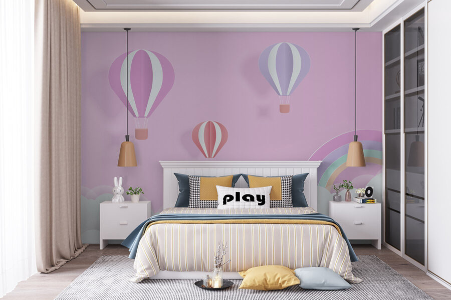 Roze achtergrond met ballonnen en een regenboog