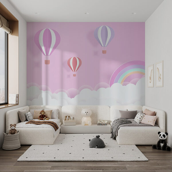 Roze achtergrond met ballonnen en een regenboog Roze achtergrond met ballonnen en een regenboog