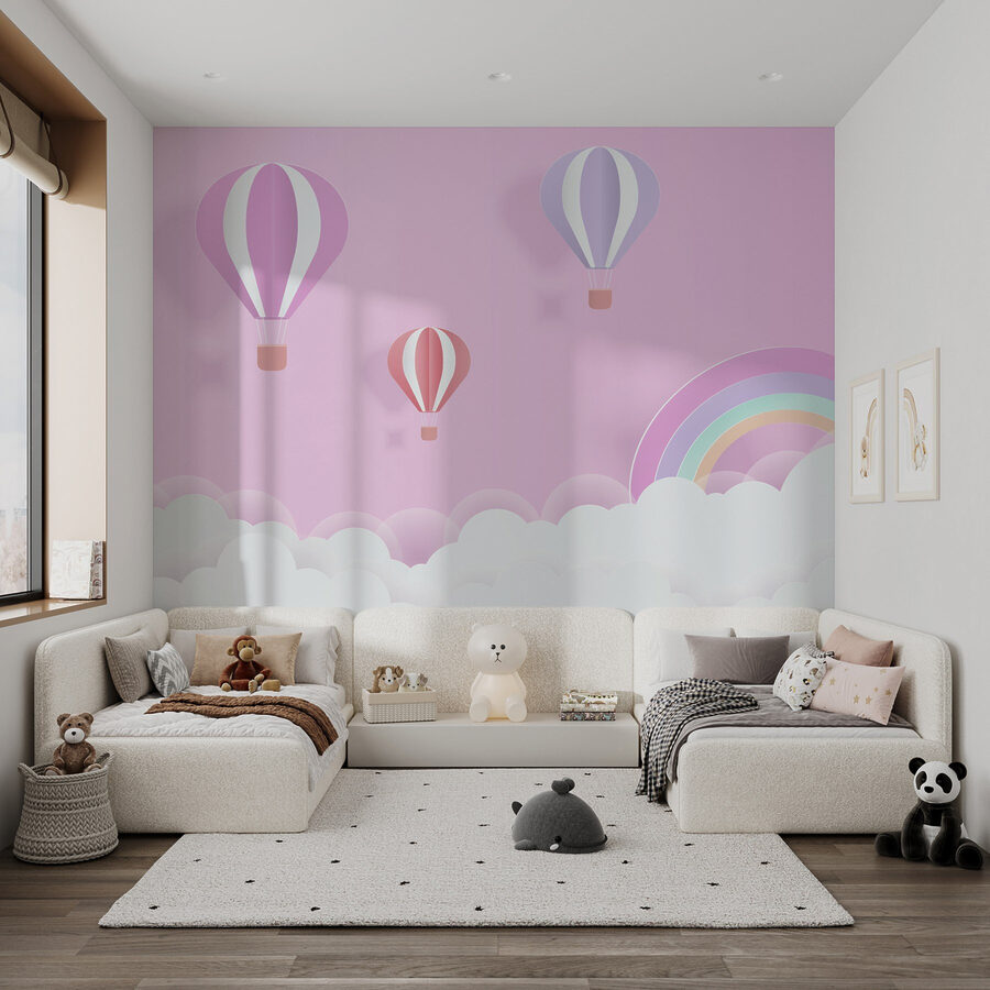 Roze achtergrond met ballonnen en een regenboog