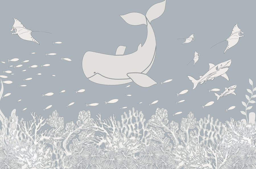 Walvis en vissen zwemmen in de oceaan