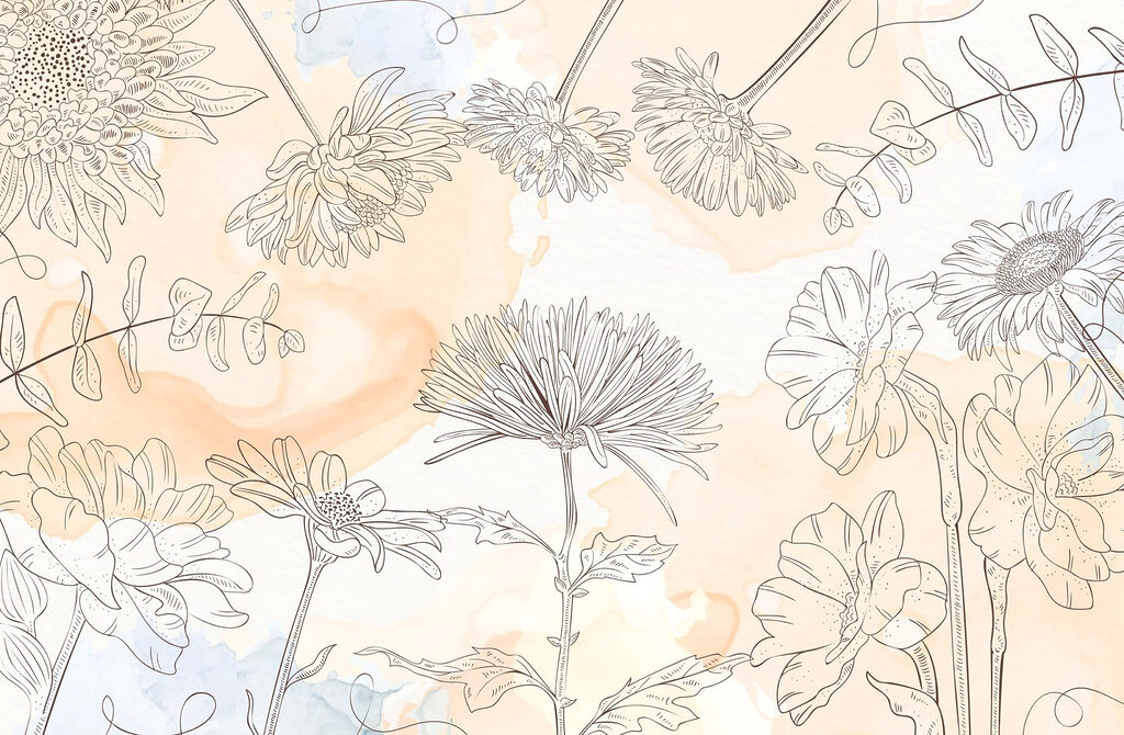 Tekening van bloemen op een aquarelachtergrond Tekening van bloemen op een aquarelachtergrond