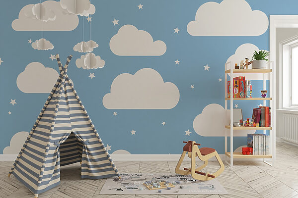 Blauwe lucht met witte wolken en sterren Blauwe lucht met witte wolken en sterren