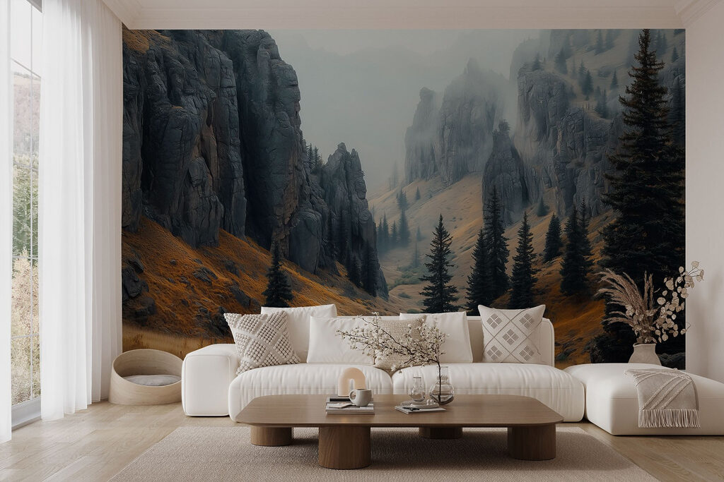 Rocky mountains with trees and fog