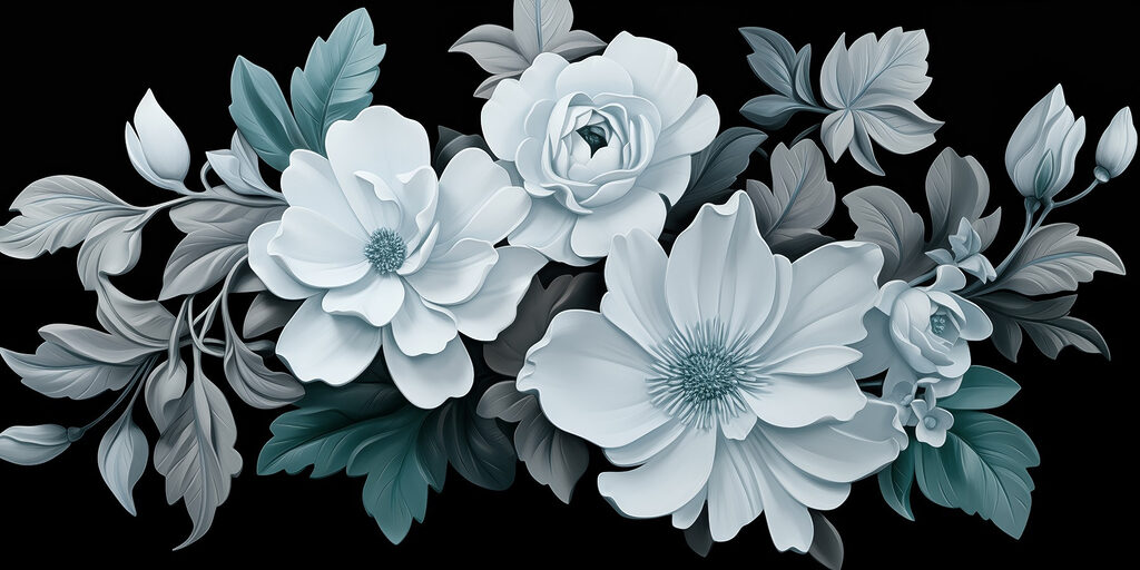 Groep witte bloemen met zwarte bladeren Groep witte bloemen met zwarte bladeren