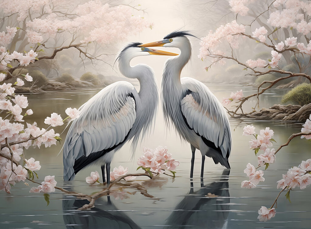 Paar witte vogels in water met roze bloemen Paar witte vogels in water met roze bloemen