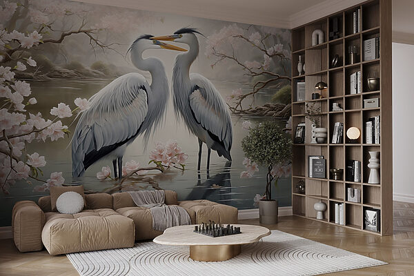Paar witte vogels in water met roze bloemen Paar witte vogels in water met roze bloemen