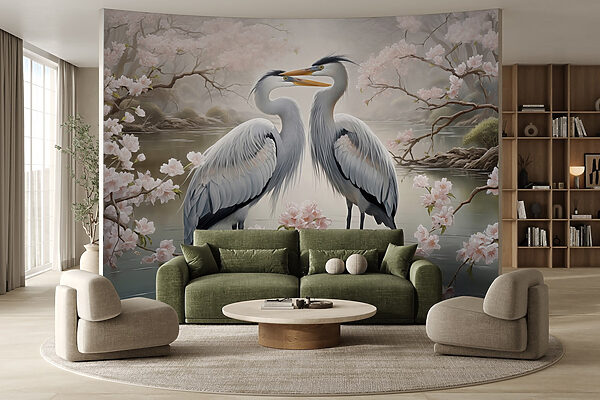 Paar witte vogels in water met roze bloemen Paar witte vogels in water met roze bloemen