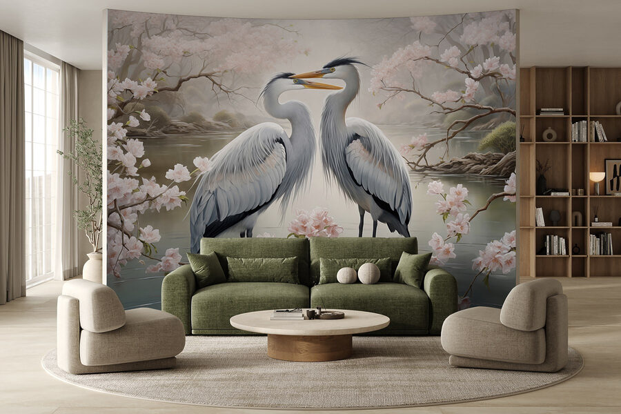Paar witte vogels in water met roze bloemen Paar witte vogels in water met roze bloemen