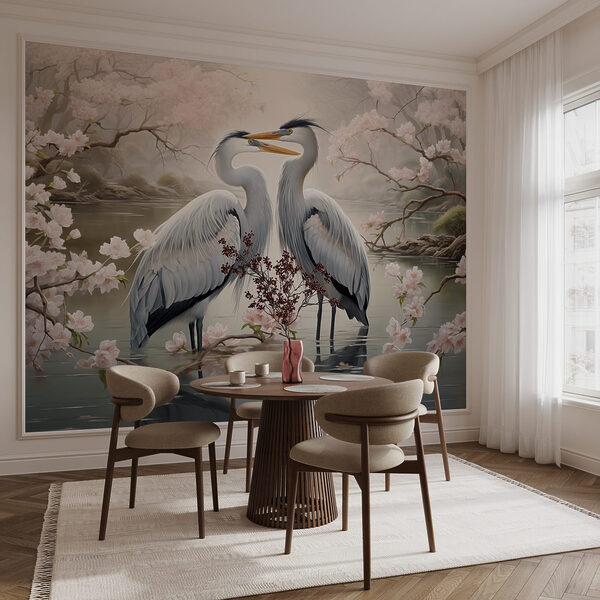 Paar witte vogels in water met roze bloemen Paar witte vogels in water met roze bloemen