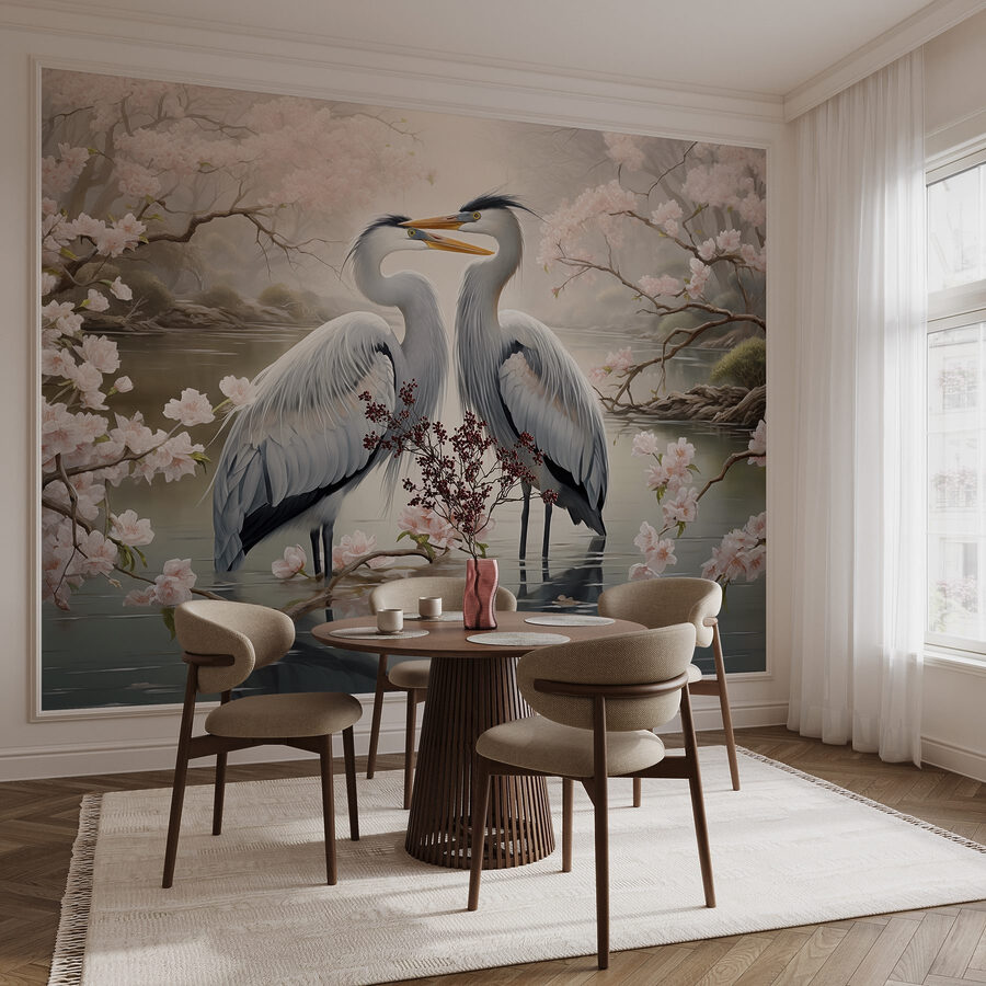 Paar witte vogels in water met roze bloemen Paar witte vogels in water met roze bloemen
