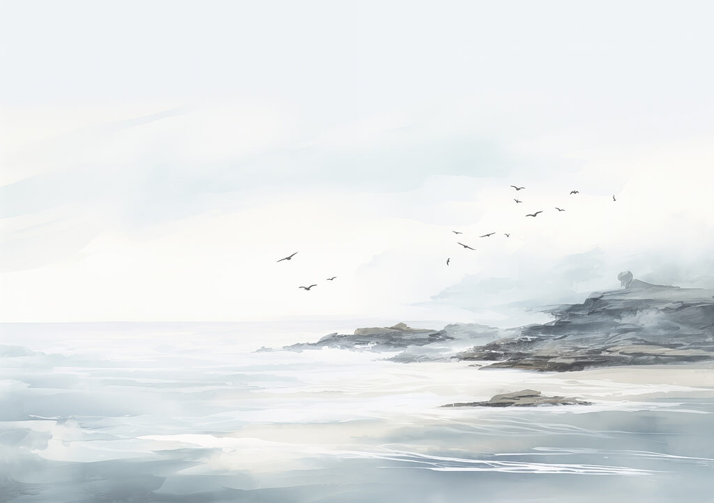 Vogels vliegen over een rotsstrand Vogels vliegen over een rotsstrand
