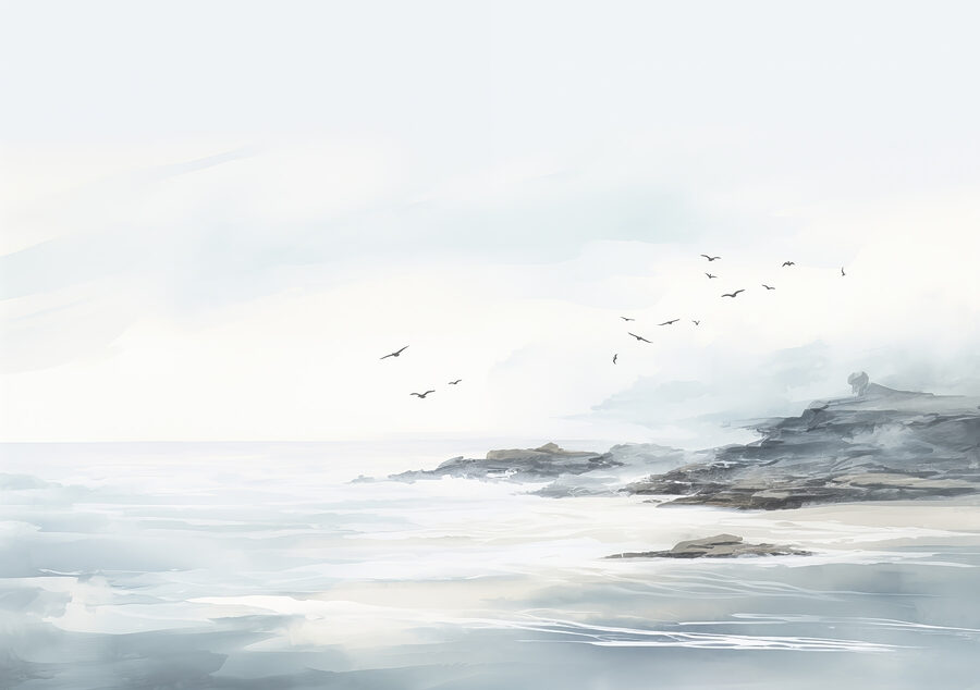 Vogels vliegen over een rotsstrand