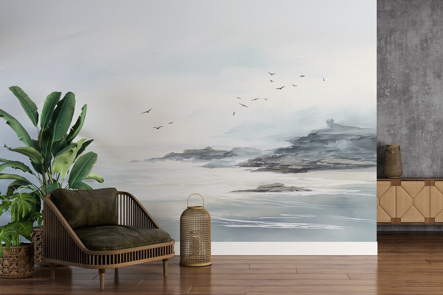 Vogels vliegen over een rotsstrand