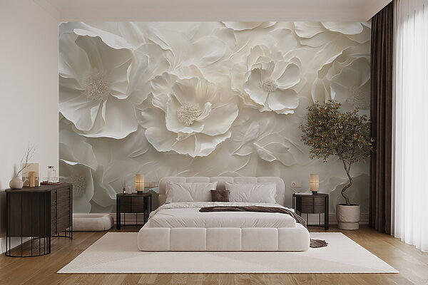 Behang met witte bloemen Behang met witte bloemen
