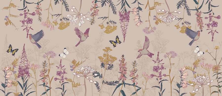 Behang met vogels en bloemen Behang met vogels en bloemen