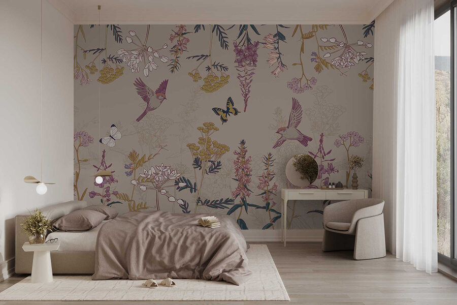 Behang met vogels en bloemen Behang met vogels en bloemen