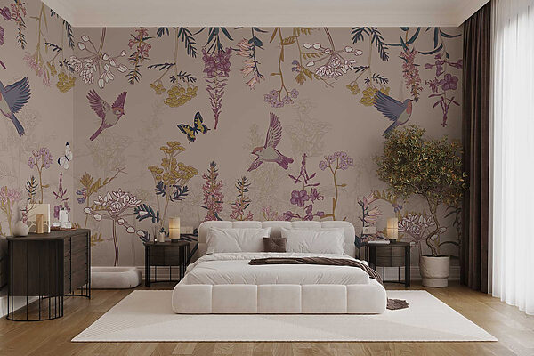 Behang met vogels en bloemen Behang met vogels en bloemen