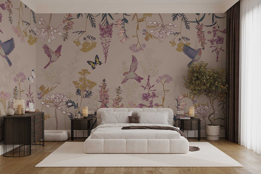 Behang met vogels en bloemen Behang met vogels en bloemen